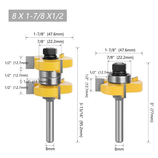 8 mm skaft matchande not och spontfrässet 3 tänder T-formad träfräs