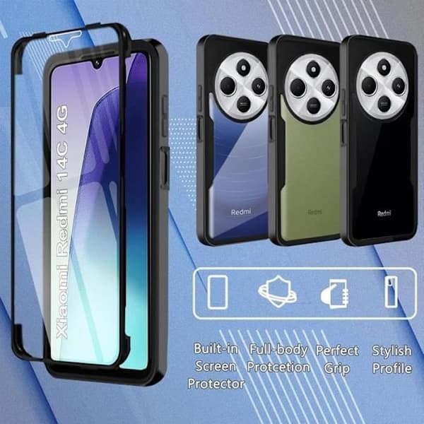 Xiaomi Redmi 14C Cover - Blød TPU & Hård PC Bagside - Transparent Sort - Stødsikkert Beskyttelse