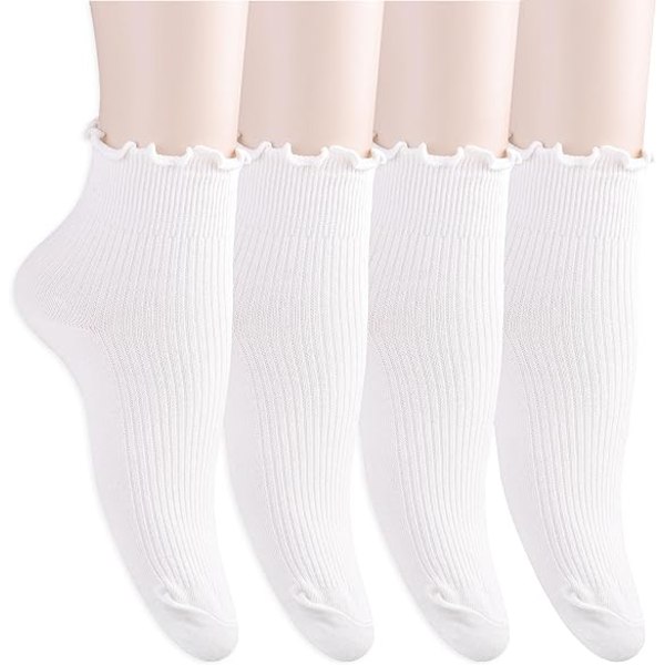 4 pairs of ruffle socks cotton girls white school socks white ruffle lace top bow dance soft cotton knit low cut ruffle mid-calf socks