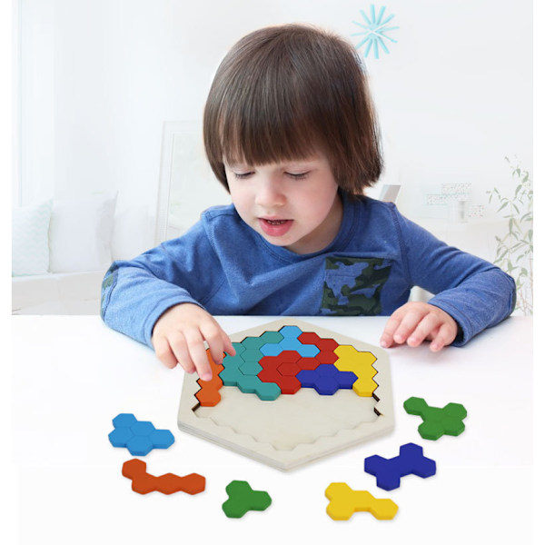 14 st Trähexagon Pussel - Form Block Tangram Hjärngympa Leksak Geometri Logik IQ Spel Montessori Pedagogisk Present för Alla Åldrar Utmaning