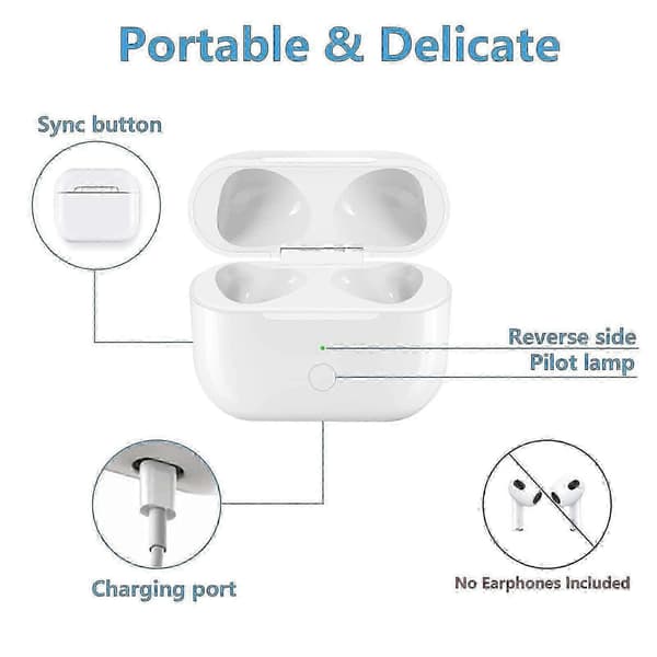 egnet for airpods 3. generasjons trådløst ladeetui med hurtiglading og bluetooth-synkroniseringsknapp