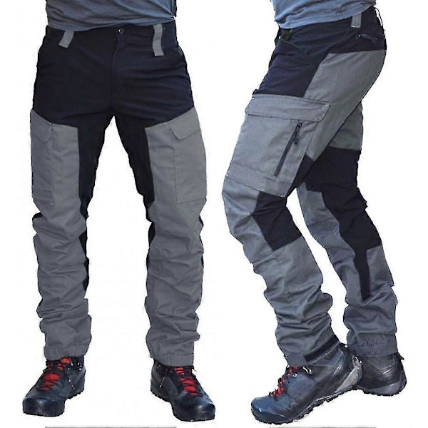 Menn Mote Fargeblokk Multi Lommer Sports Lange Cargo Bukser Arbeidsbukser Black 2XL