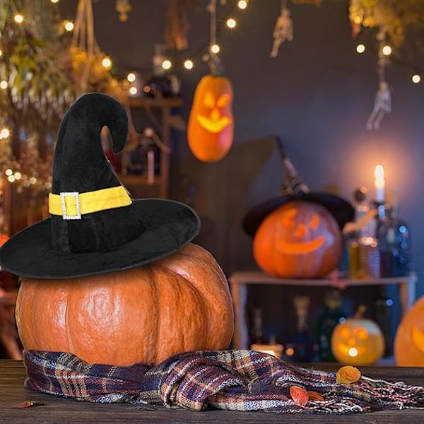 Noitapuku naisille, musta Halloween-noitapuku, leveälierinen musta noitapuku aikuisille naisille, soljellinen noitapuku Halloween-noitapuvuksi