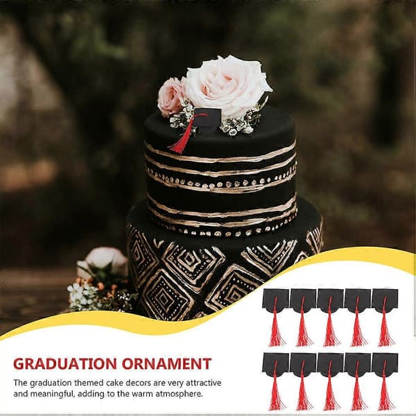 Graduation Cake Ornament med 12 stk. røde mini studenterhuer til dekoration