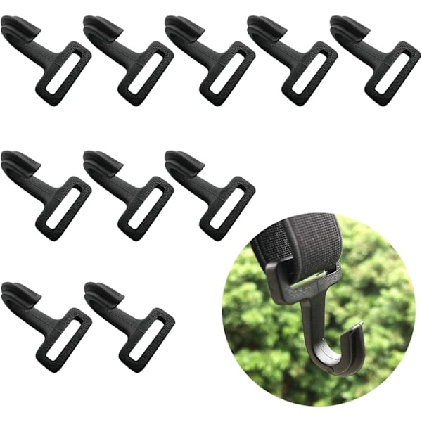 Plastkrokar och rep för tältstänger, tältkrokar, multifunktionella hängkrokar, 10-pack i svart för camping