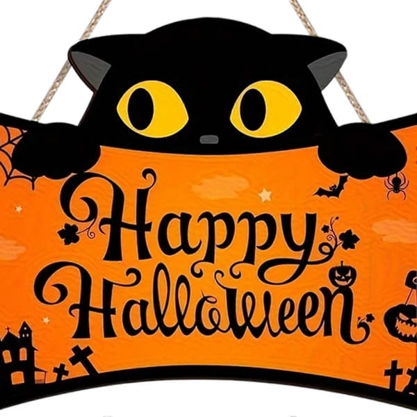 Sort Kat Trædørskilt – Græskar Slotsdesign – til Halloween-udsmykning Orange