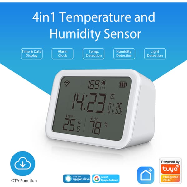 Tuya - Detektion af temperatur og luftfugtighed, WiFi, 4 i 1 smart sensor, vækkeur