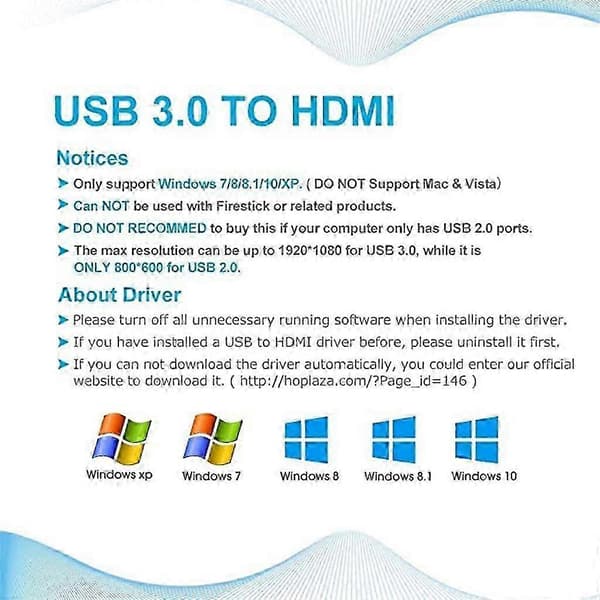 USB 3.0/2.0 til HDMI-kompatibel konverteradapter, 1080P opløsning, til Windows bærbare computere ekstern skærm White