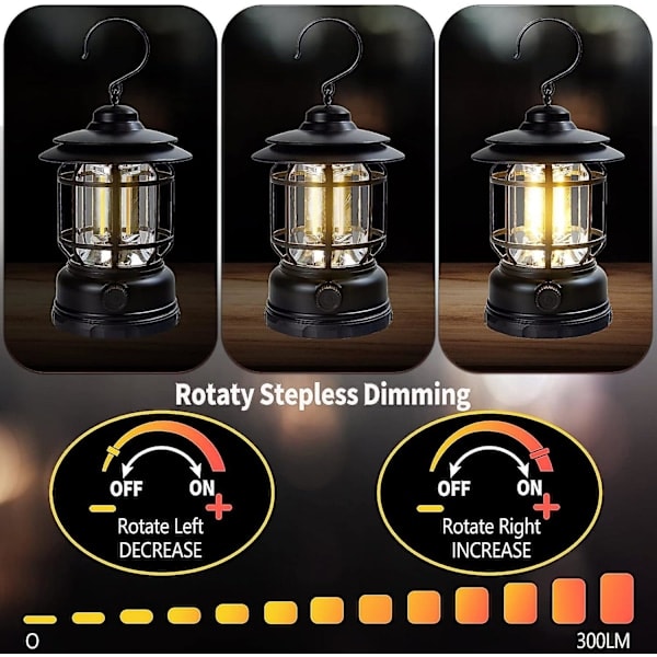 Uppladdningsbar Campinglykta, Retro Campinglampa för Inomhus och Utomhus, 1200mAh Batteridriven LED Tältlampa med Krok, Bärbar Vattentät Cam