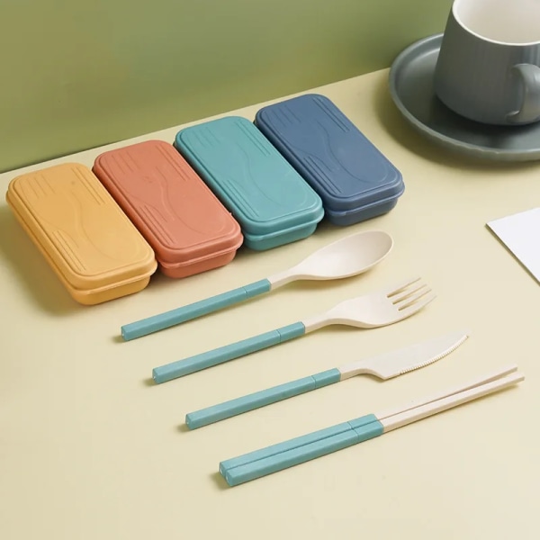 3/4PCS Students Spoon Fork Chopstick With Box Wheat Straw Cutlery Tableware Travel Portable Detachable Home Kitchen Dinnerware