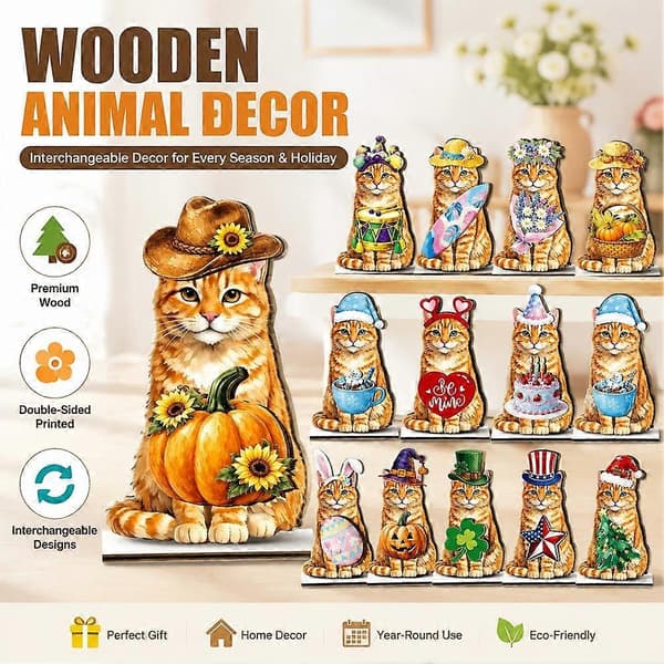 Dyredekor i tre, utskiftbart ornament med katte- og gåse-utkledningsdesign C