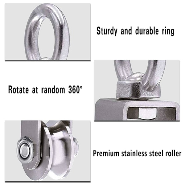 Lyftblock 304 rostfritt stål vajerhjul, M34 trissa med kullager, maximal belastning 250 kg, 2-pack