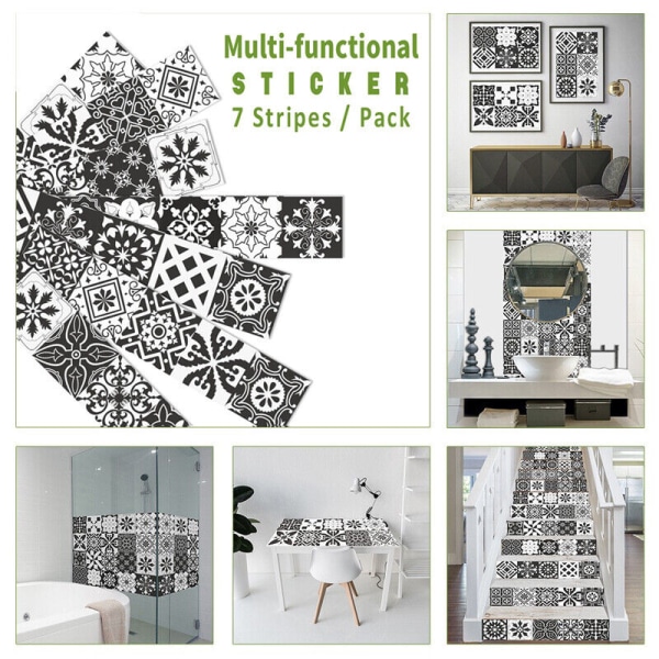 7pcs Black White Self-adhesive Bath Kitchen Wall Stair Tile Stickers 21x100cm