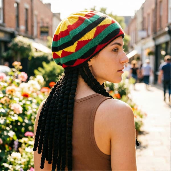 Rasta-farvet baret med sort flettet paryk til fest E One Size