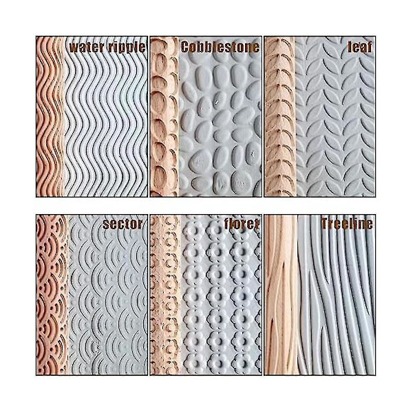 Newway 6 Trälera Modelleringsmönstervalsar Kit, Lera Kavel Texturerad Handvals Trähandtag Keramikverktyg SetBY