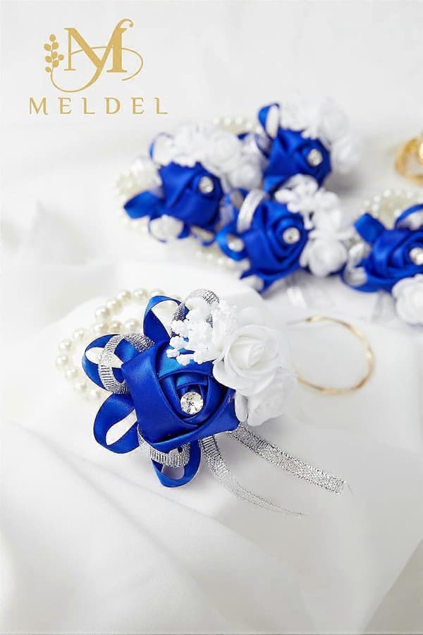 Prom Blomster Håndleddscorsager til Bryllup, Sett med 6, Kongeblå Håndleddscorsager til