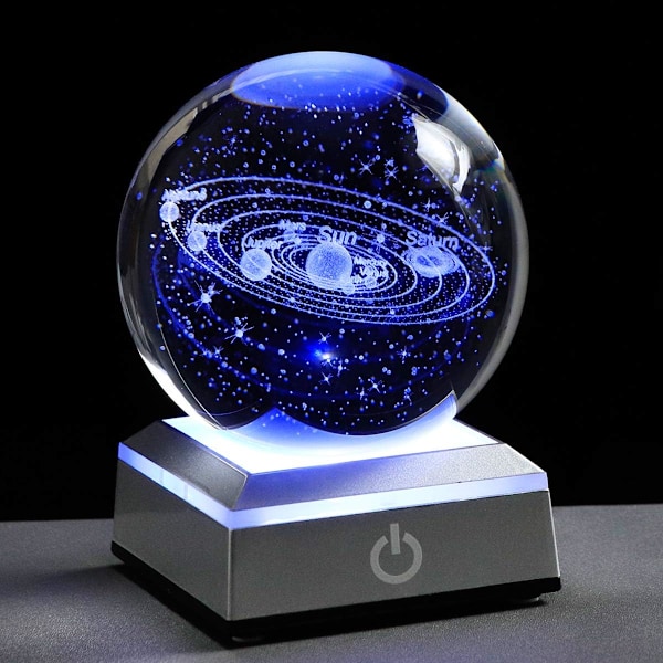 3.15 inch Solar System Crystal Ball 3D Planets Sun System Globe with Silver LED Base Ornament for Kid's Room(Silver base)