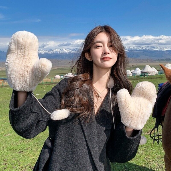 Women's Real Rex Rabbit Fur Gloves Knitted Full Mitten String Wrist Warm Mittens