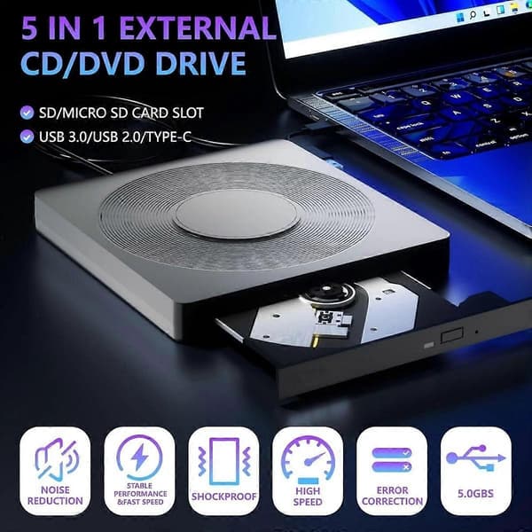 5-i-1 extern DVD-spelare för bärbar dator med LightScribe DVD-brännare CD-ROM extern CD/DVD-enhet för PC USB 3.0 extern DVD-enhet, DVD-läsare