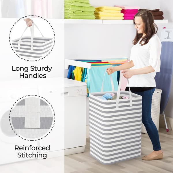 Large Laundry Basket - Freestanding Waterproof Laundry Hamper with Extended Handle - Foldable Tall Laundry Basket Stripe