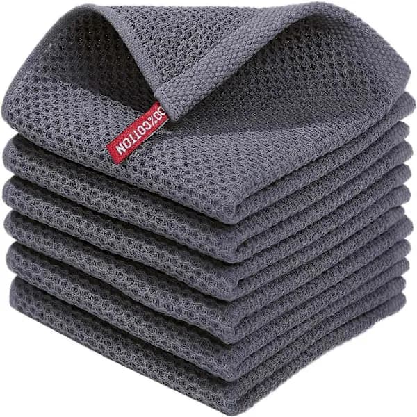 6-pack Kitchen Towels Waffle Weave Cotton Quick Dry Absorbent Cleaning Cloths with Hanging Loop for Kitchen Dark Grey 34 x 34 cm Dark grey