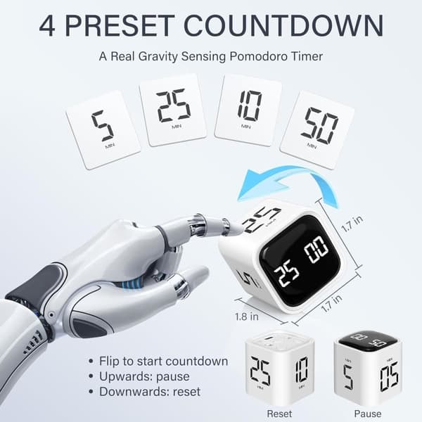 Pomodoro Timer 25/5/10 Min Desktop Timer Vibration Lydstyrke Justerbart Produktivitetsur White
