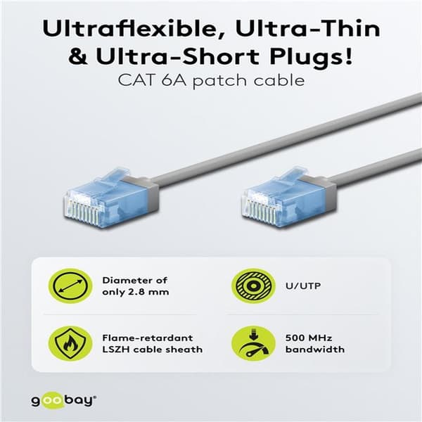 Ultraflexibel patchkabel CAT 6A, smal, U/UTP, grå Grå