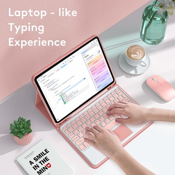 Langaton näppäimistökotelo ja hiiri iPad 10.9 (2022) -laitteelle, PU-kotelo läppäkannella, Pinkki iPad 10.9