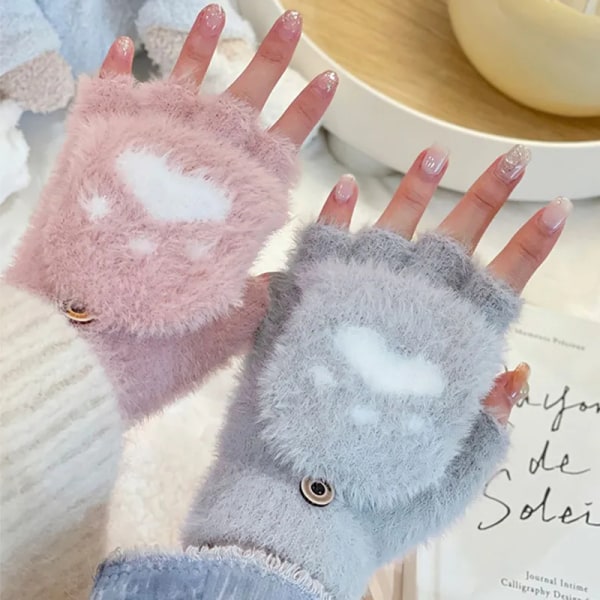 Girls Lovely Winter Warm Fingerless Gloves Girls Fluffy Bear Cat Plush Paw Claw Half Finger Gloves Mittens Gifts New 2023