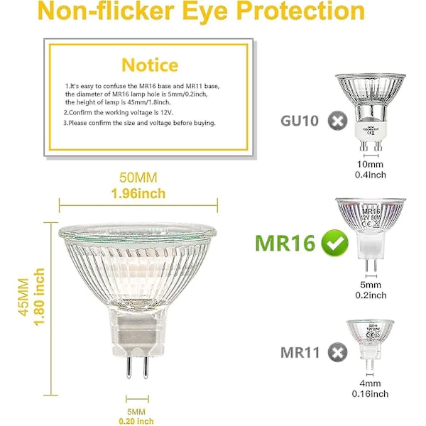 MR16 Spot-pære, 12v 20w glødepære, GU5.3 pære Dimbar, 2-pinners halogenlamper varm hvit 2700k, pakke med 12 (mr16-20w-12p) [xh]