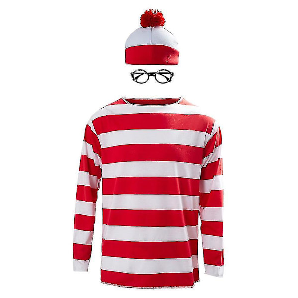 Punainen ja valkoinen raita cosplay-asu aikuisille - Missä Waldo on nyt T-paita, pusero, hattu ja lasit Shirt XL