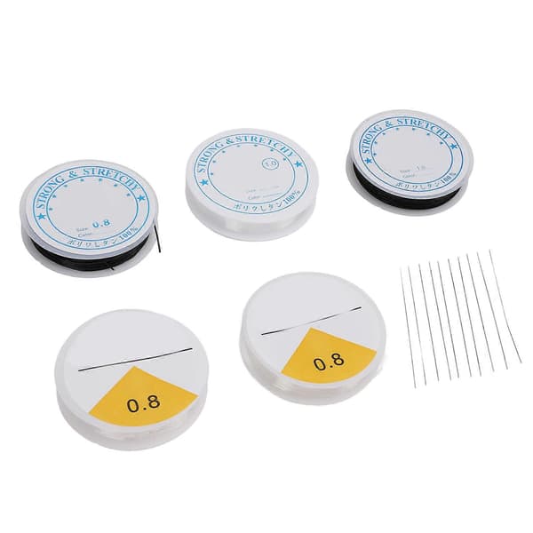 Elastiksnor og perlenålesæt, 5 ruller elastisk snor 0,8 mm 1 mm klar sort og 10 stk. perlenåle