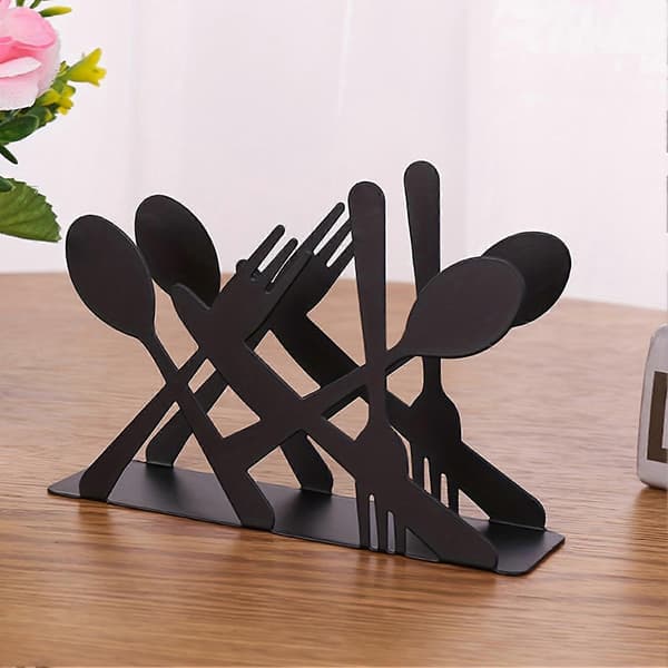 Sort metal servietholder – gaffel, ske, kniv design – til spisebord – stabil base Black