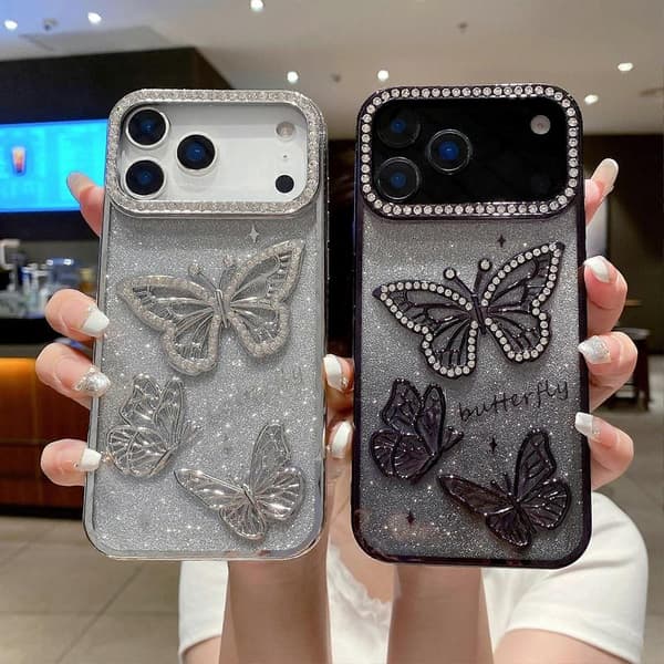 Etui til iPhone 17 Pro Max med rhinstenssommerfugledekoration, TPU-bagside, sølv