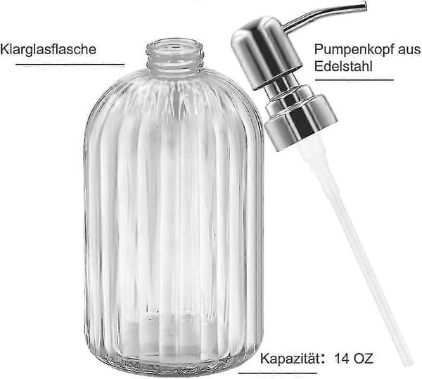 304g Glas Sæbedispenser med Rustfri Stålpumpe - Stilfuld og Holdbar til Køkken, Badeværelse og Mere
