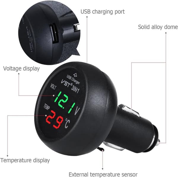 12-24 V billaderuttak med USB-port/voltmeter/termometer for biler (grønn + rød)