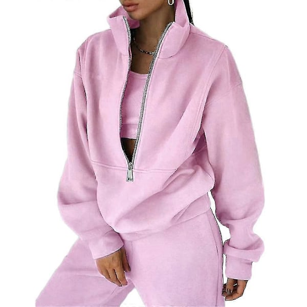\"Dam Tvådelad Träningsdräkt Långärmad Dragkedja Hög Hals Hoodie Sweatshirt Med Träningsbyxor Träningsset Jogging Set - JA\" Pink L