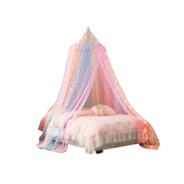 Regnbuehimmel for jenter, sengehimmel med lys, sengehimmel for jenterom, myggnett for seng, dobbeltseng, enkeltseng, queen size