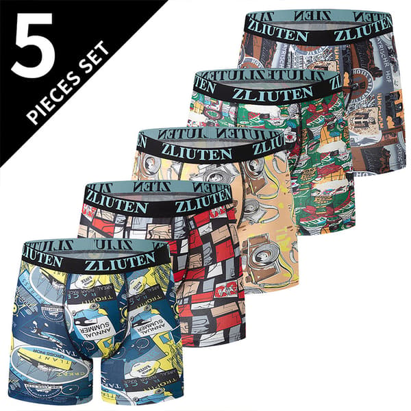5-pack men's long boxer briefs, high-stretch knitted fabric, pattern, comfortable fashionable shorts 5 PCS 5 PCS S