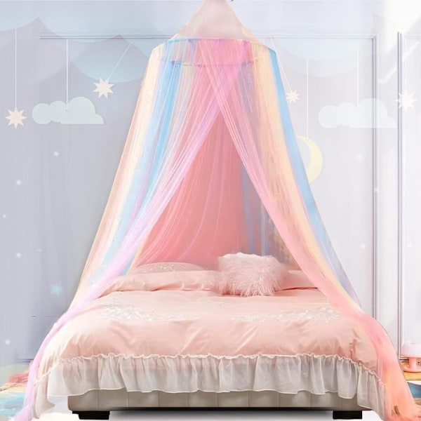 Regnbuehimmel for jenter, sengehimmel med lys, sengehimmel for jenterom, myggnett for seng, dobbeltseng, enkeltseng, queen size