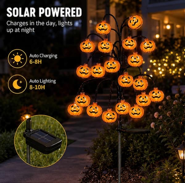Halloween Solcellelys med Spyd 20 Gresskar LED Solcelle Stielys Red