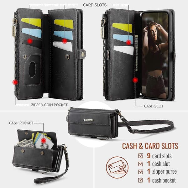 Kompatibel med iPhone 11 Pro-fodral CASEME C39 RFID-blixtlåsplånbok stativ läderfodral med rem Black