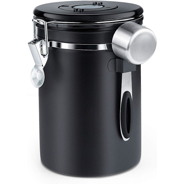 Ilmatiivis kahvipurkki - Kahvipapujen säilytysastia CO2-venttiilillä - mittalusikalla - 1,8 l (musta)