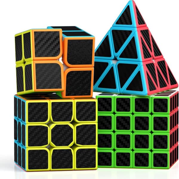 Speed Cube Sæt, 2X2 3X3 4X4 Pyramide Cube Stickerless med Instruktion [4 Pakke] (Carbon Fiber Cube Sæt)