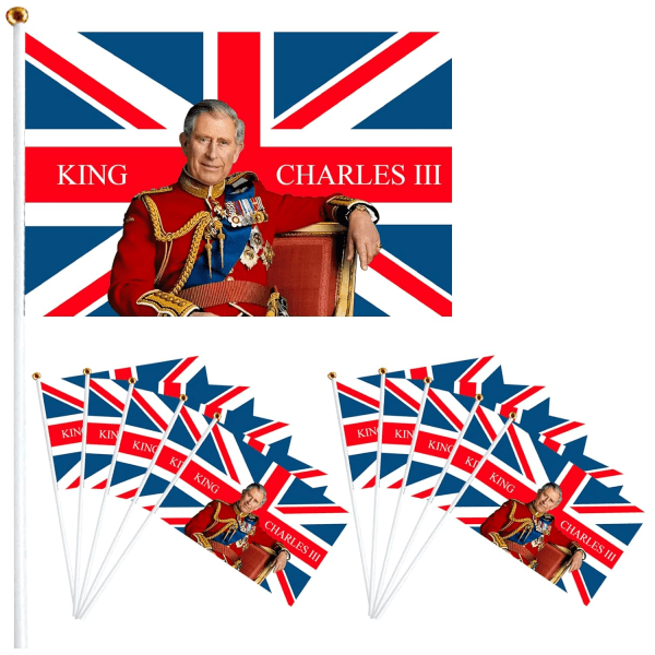 10 st kung Charles III handviftande flaggor, kung Charles III Union Jack kröningsminne handviftande flagga, Union Jack handviftande flaggor minflaggor 14X21cm