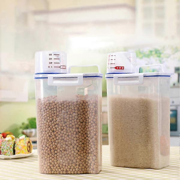Bærbar Risbøtte 2KG Gjennomsiktig Risbeholder med Målebeger for Mel Ris Nøtter Bønner Snacks