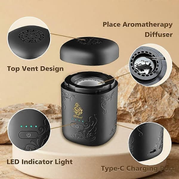 Bærbar elektrisk røgelsesbrænder Oud arabisk Bakhoor aroma diffuser arabisk genopladelig røgelsesholder til Ramadan hjem Svart