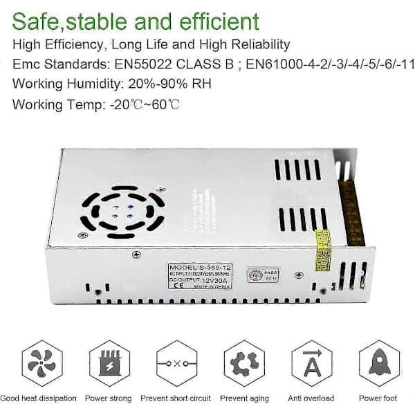 12V 30A DC Universell Reglerad Switchande Strömförsörjning 360W - Hög Effektivitet, Pålitlig Prestanda