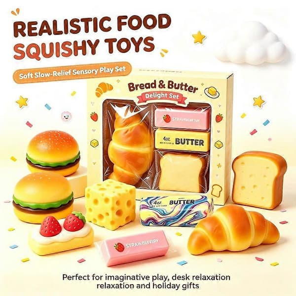 Mat-tema Knapriga Squishy Fidget-leksaker 6-pack, ASMR Kläm-sensoriska leksaker, Söta Smörpudding Jordnöts Stressavlastande Squishies, Nyhet Skrivbordslekset D