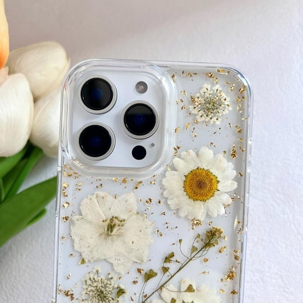 for iPhone 16 Pro Max Transparent Case with Pressed Real Flowers Design, Glitter Sweet White Floral Pattern Slim Soft TPU Protective Cover for Wom